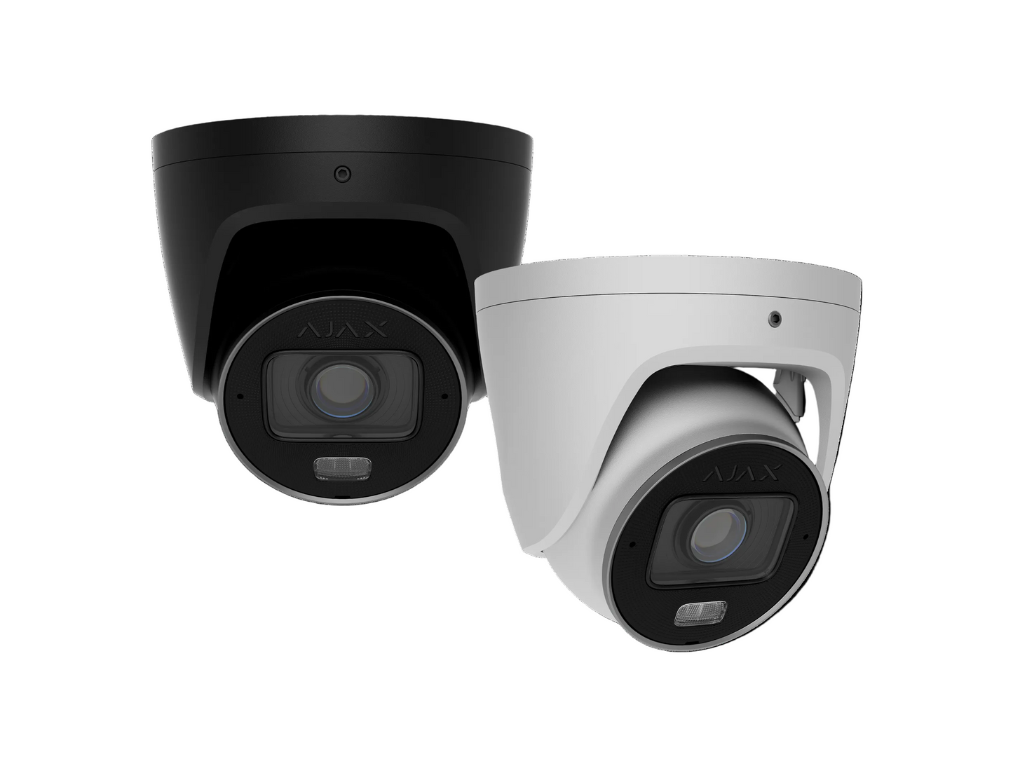 Two AJAX dome security cameras shown on a plain white background, one in matte black and one in light gray, both angled to show the front lens and upper housing.